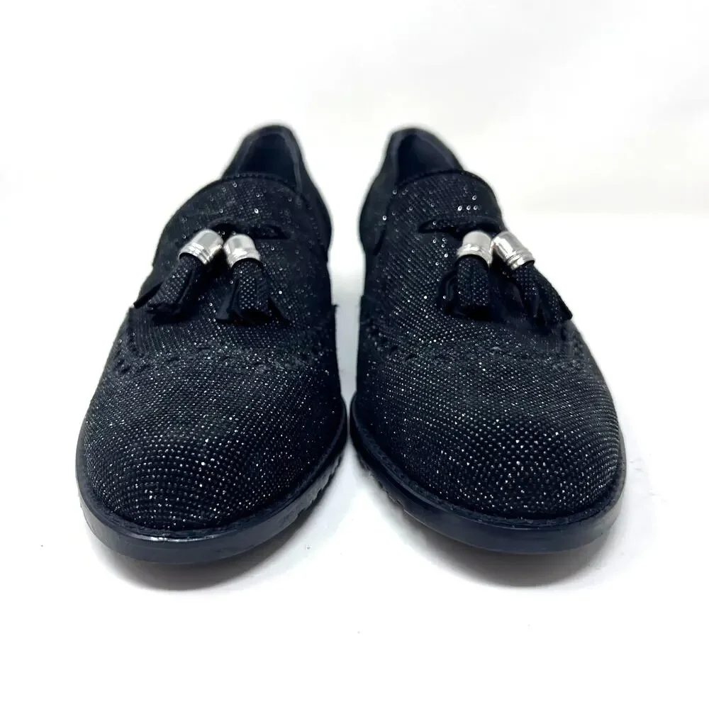 Stuart Weitzman Guy Thing Black Glitter Tassel Block Heel Loafers Womens 8.5 M‎